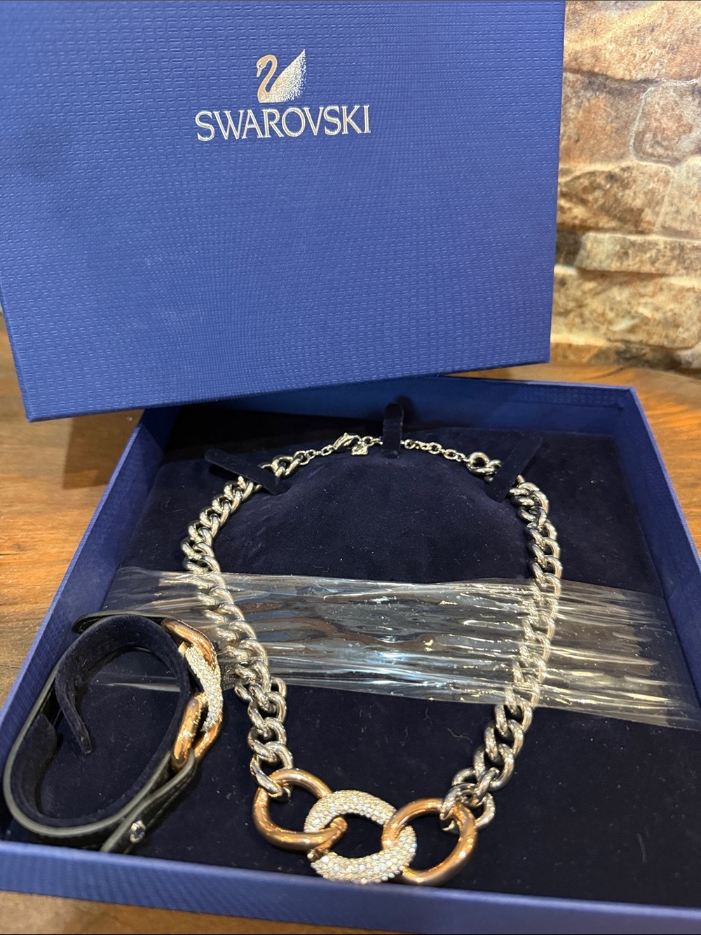 Swarovski Two-Tone Silver and Rose Gold Chain Necklace with Pavé Link